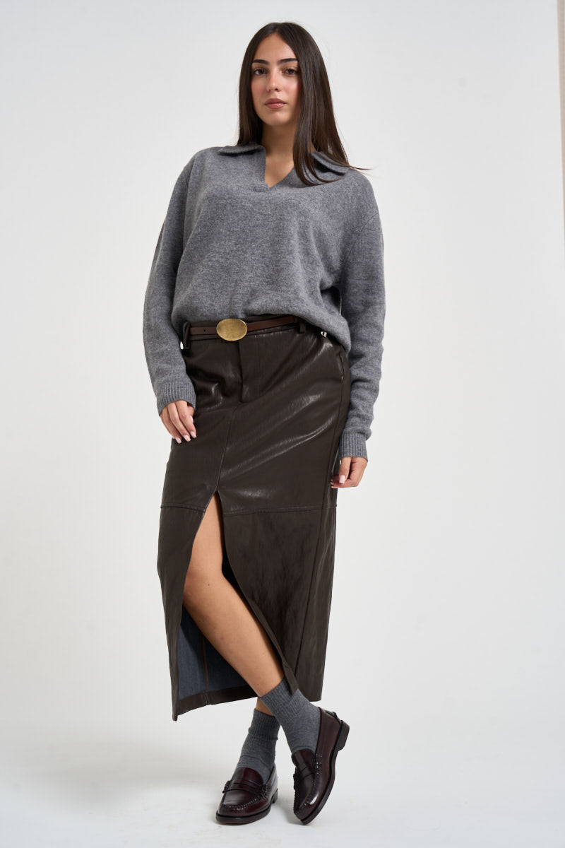 Gonna donna midi in ecopelle marrone scuro M40F1088 MORO SOUVENIR CLUBBING 