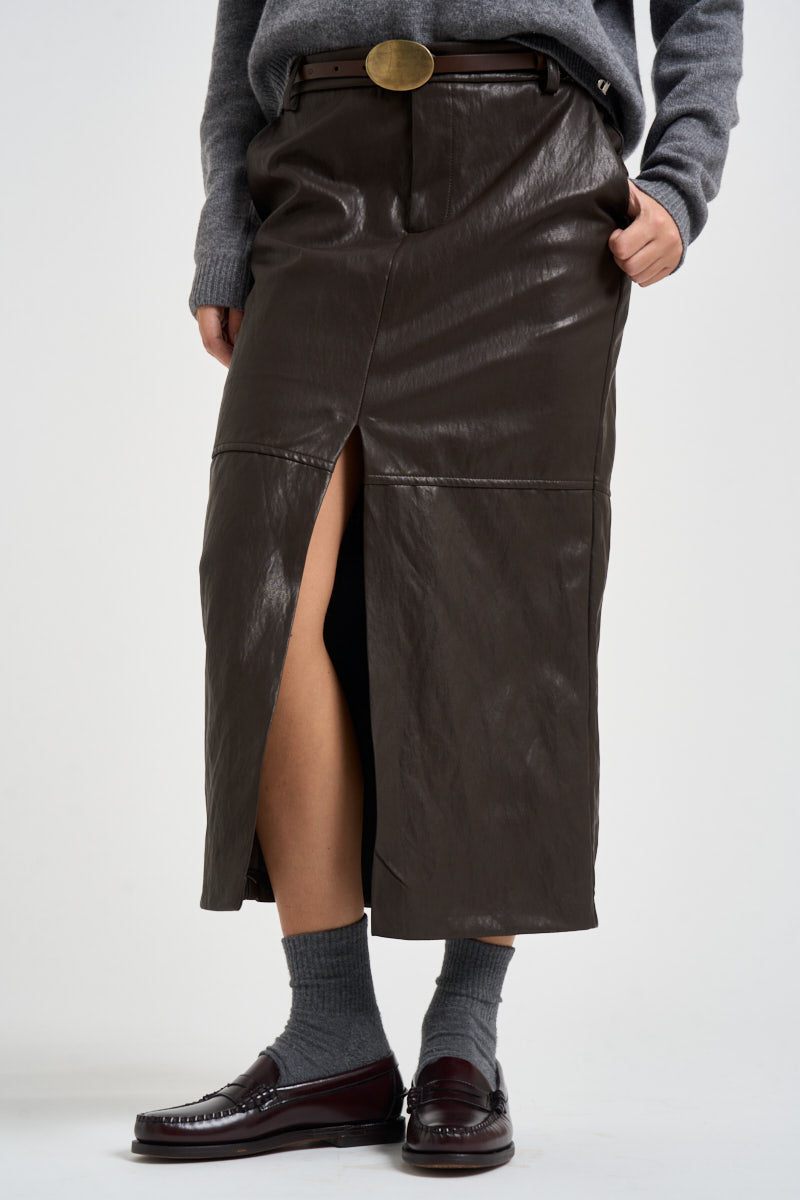 Gonna donna midi in ecopelle marrone scuro M40F1088 MORO SOUVENIR CLUBBING 