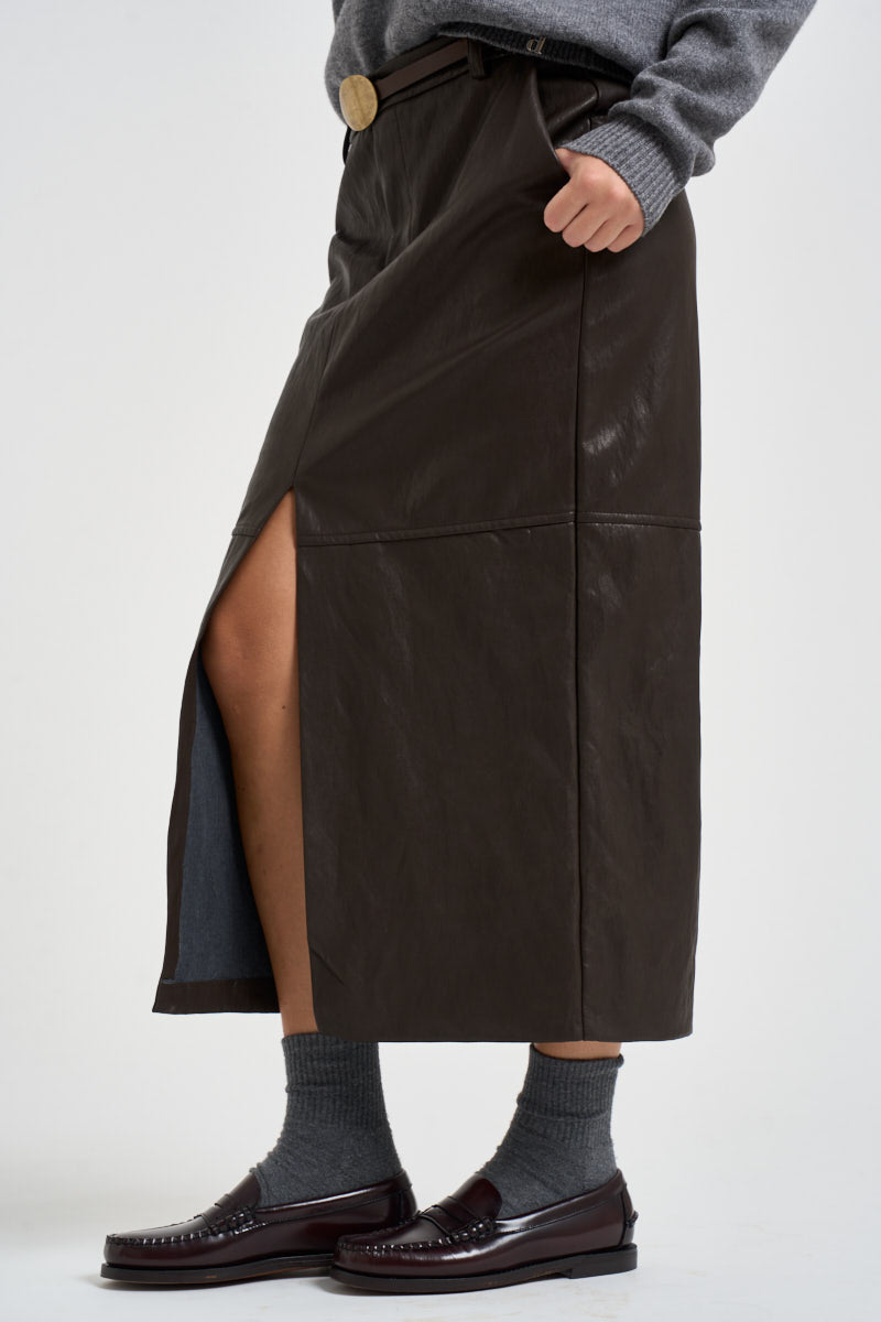 Gonna donna midi in ecopelle marrone scuro M40F1088 MORO SOUVENIR CLUBBING 