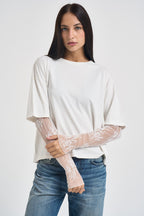 T-shirt donna maniche in pizzo bianca 11073 LATTE SUSY MIX 