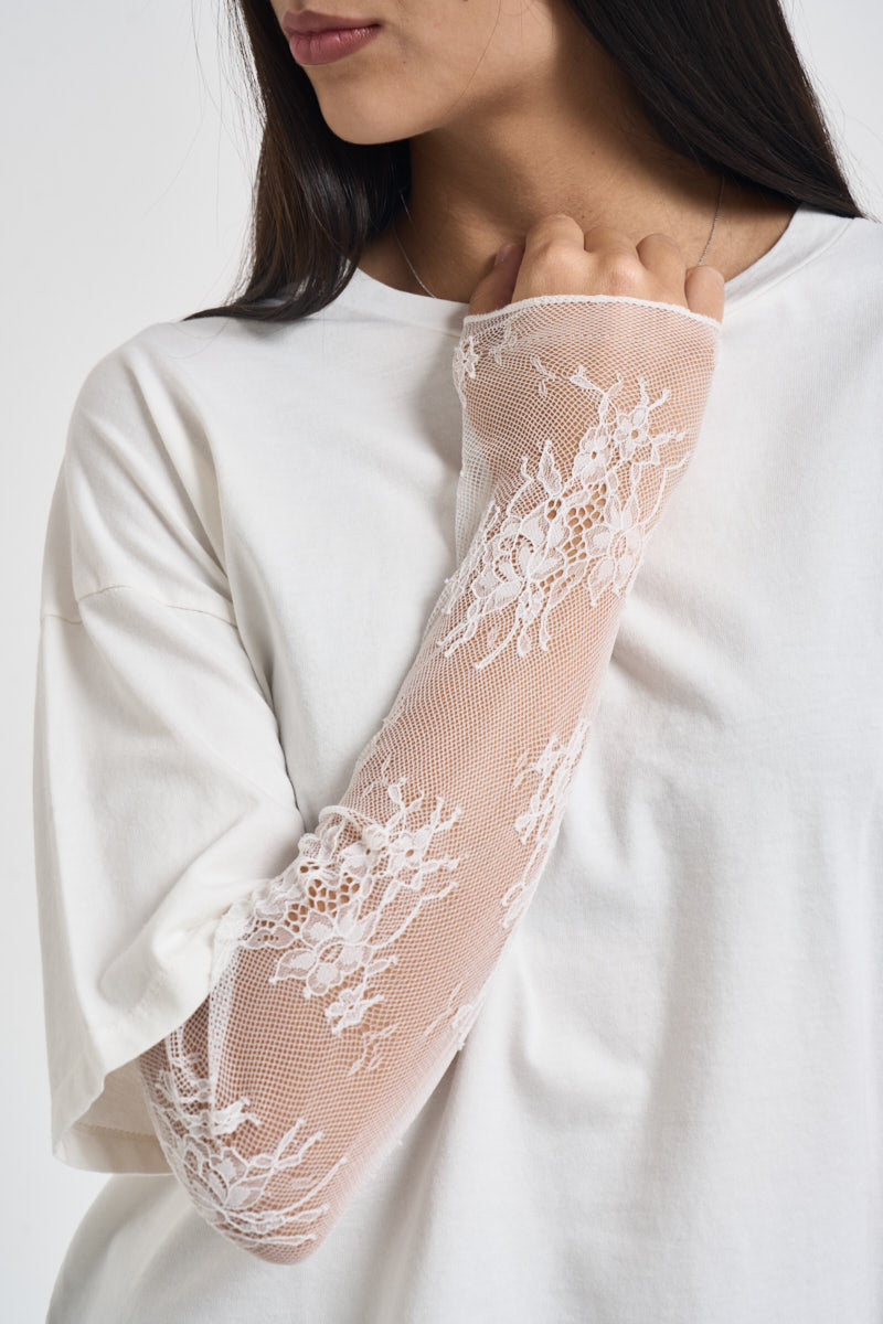 T-shirt donna maniche in pizzo bianca 11073 LATTE SUSY MIX 
