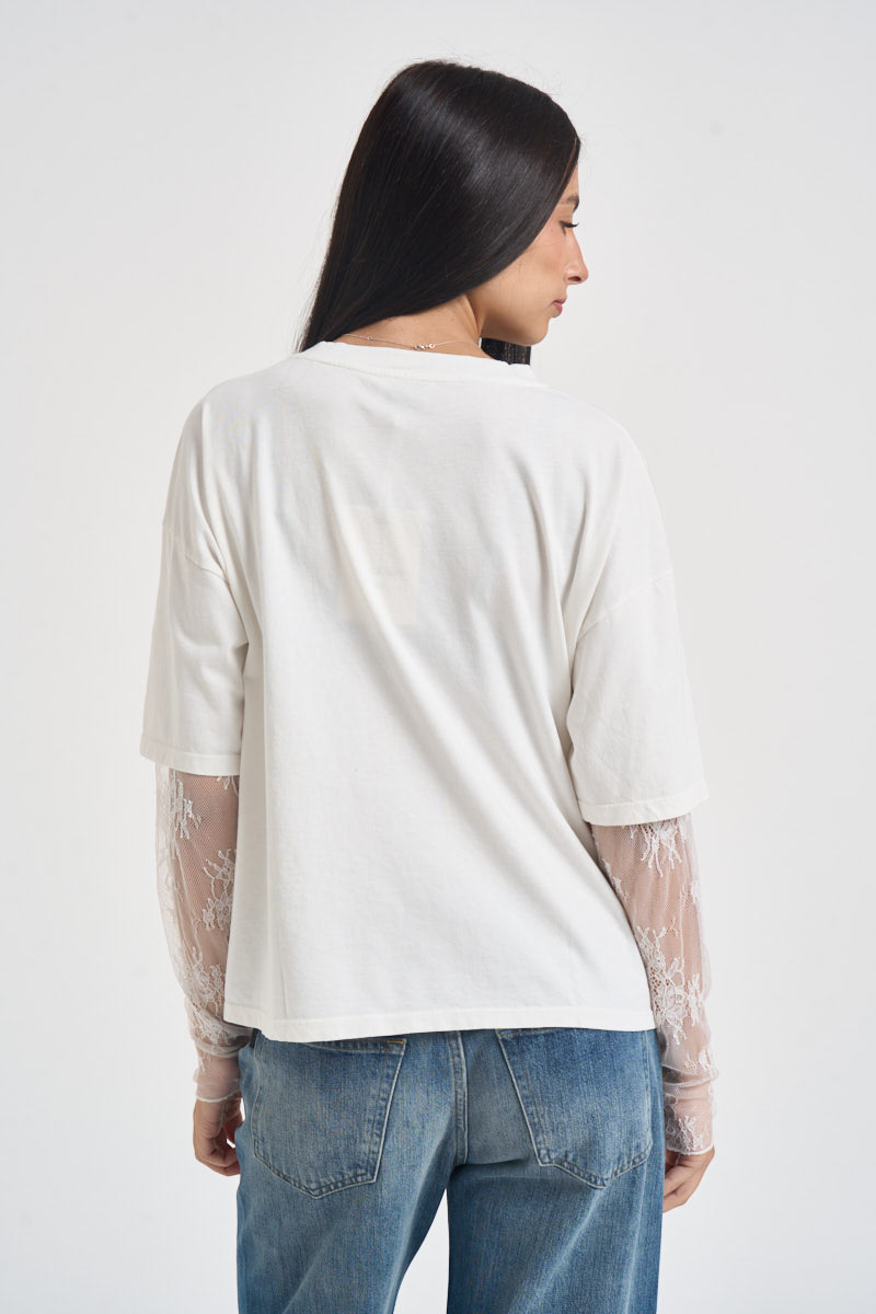 T-shirt donna maniche in pizzo bianca 11073 LATTE SUSY MIX 
