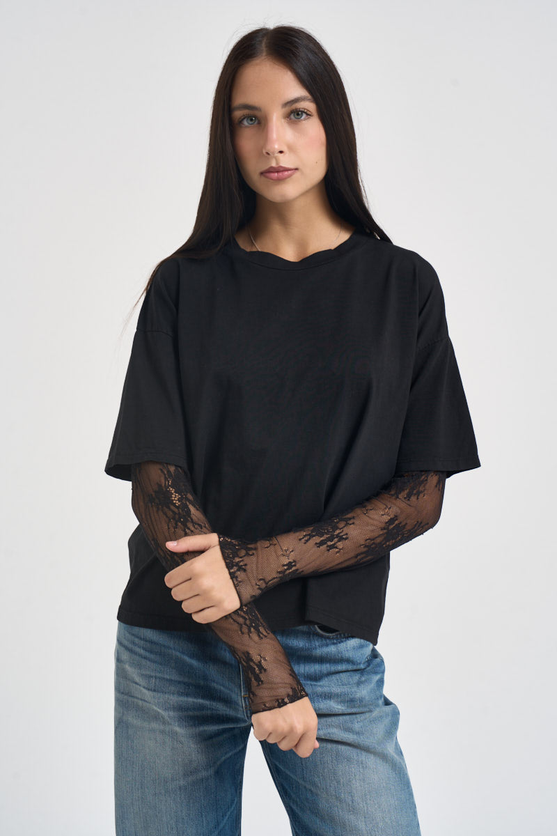 T-shirt donna maniche in pizzo nera 11073 NERO SUSY MIX 