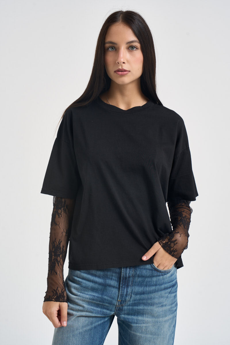 T-shirt donna maniche in pizzo nera 11073 NERO SUSY MIX 