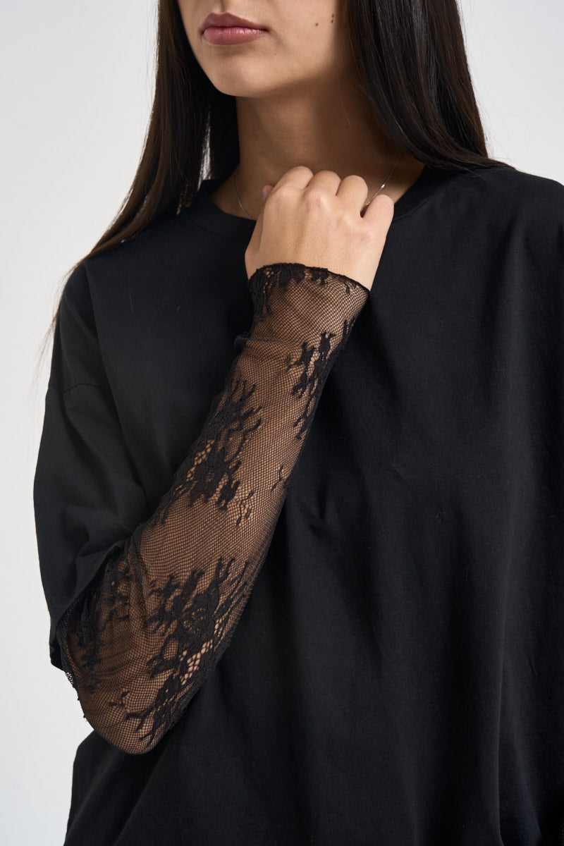 T-shirt donna maniche in pizzo nera 11073 NERO SUSY MIX 