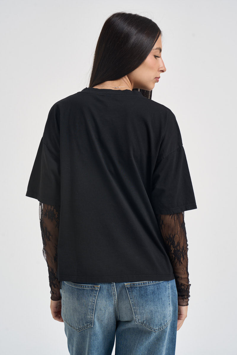 T-shirt donna maniche in pizzo nera 11073 NERO SUSY MIX 