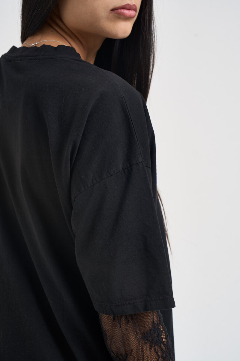 T-shirt donna maniche in pizzo nera 11073 NERO SUSY MIX 