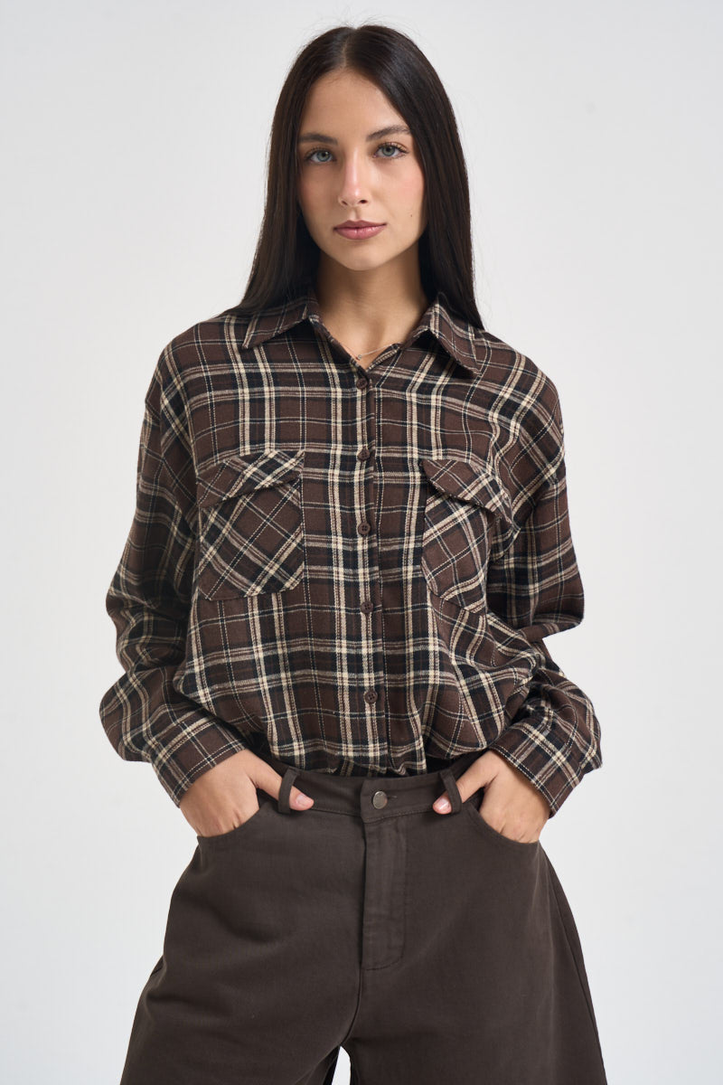 Camicia donna a quadri marroni, neri e beige 12494 MORO SUSY MIX 