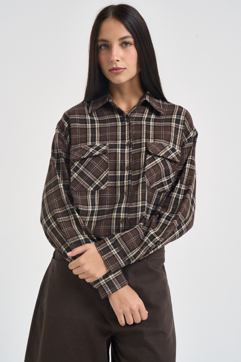 Camicia donna a quadri marroni, neri e beige 12494 MORO SUSY MIX 