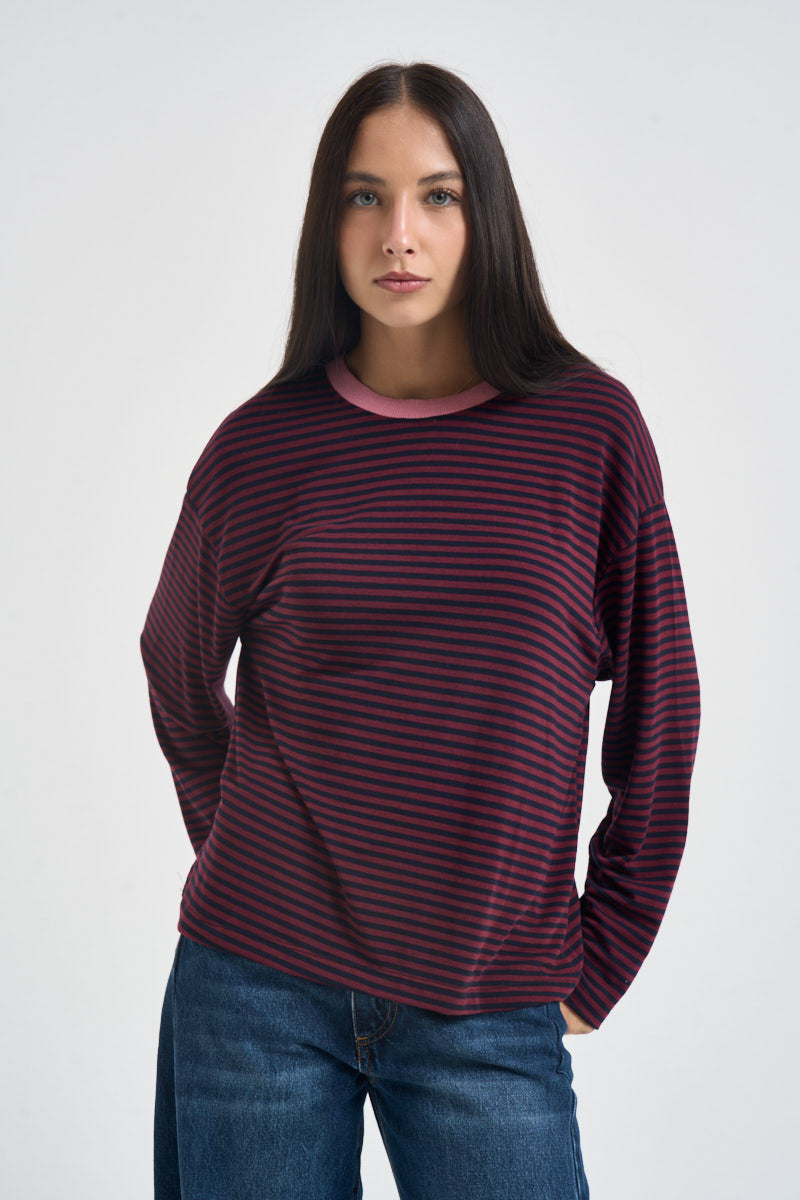 T-shirt donna a righe bordeaux e blu 27731 BORDEAUX SUSY MIX 