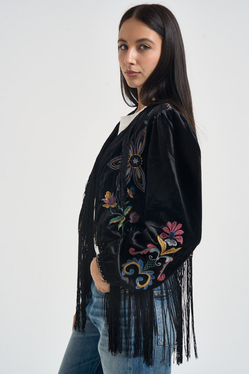 Giacca donna in velluto con frange nera 40293 VARIANTE UNICA SUSY MIX 