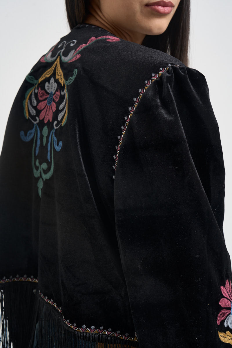 Giacca donna in velluto con frange nera 40293 VARIANTE UNICA SUSY MIX 