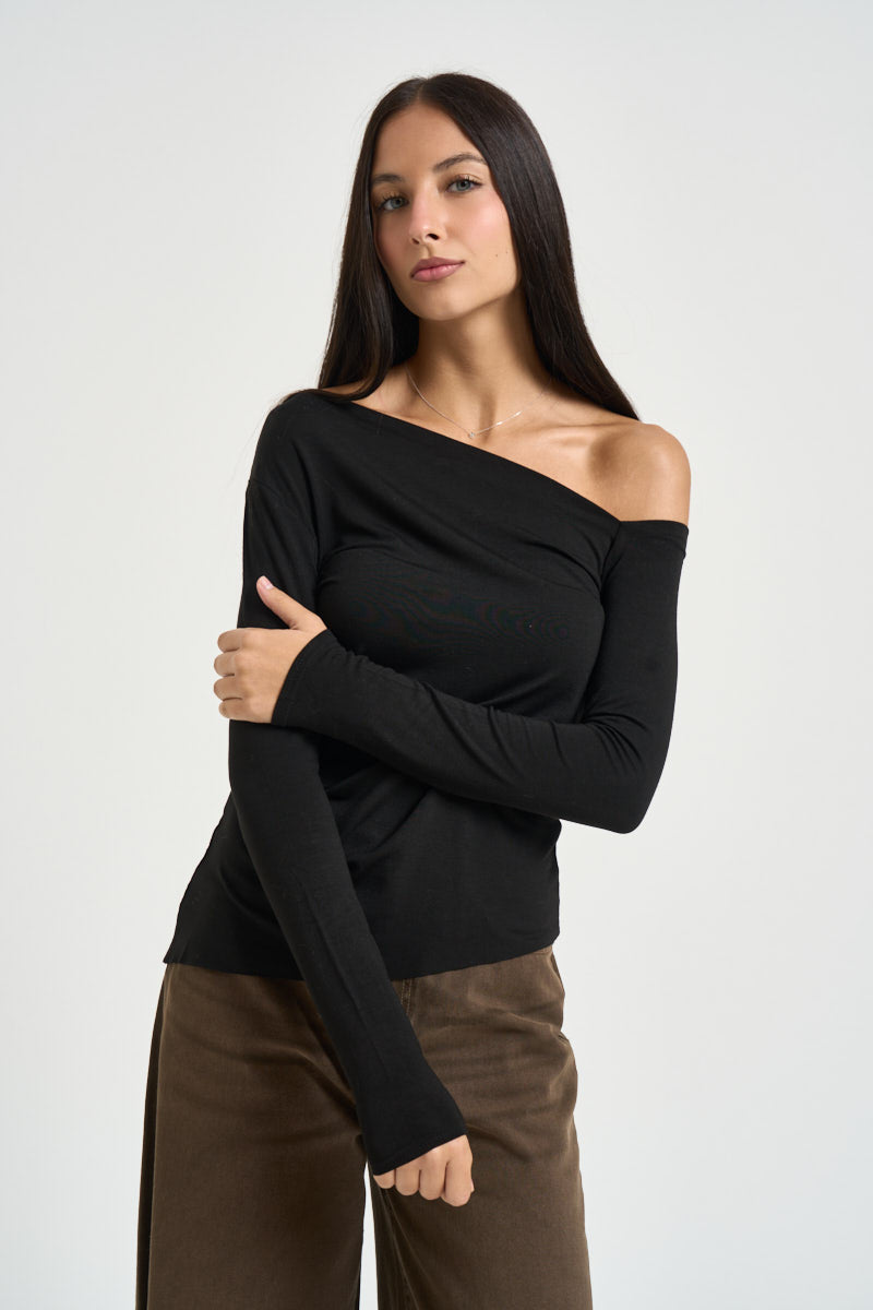 Maglia donna asimmetrica nera B05264 NERO SUSY MIX 