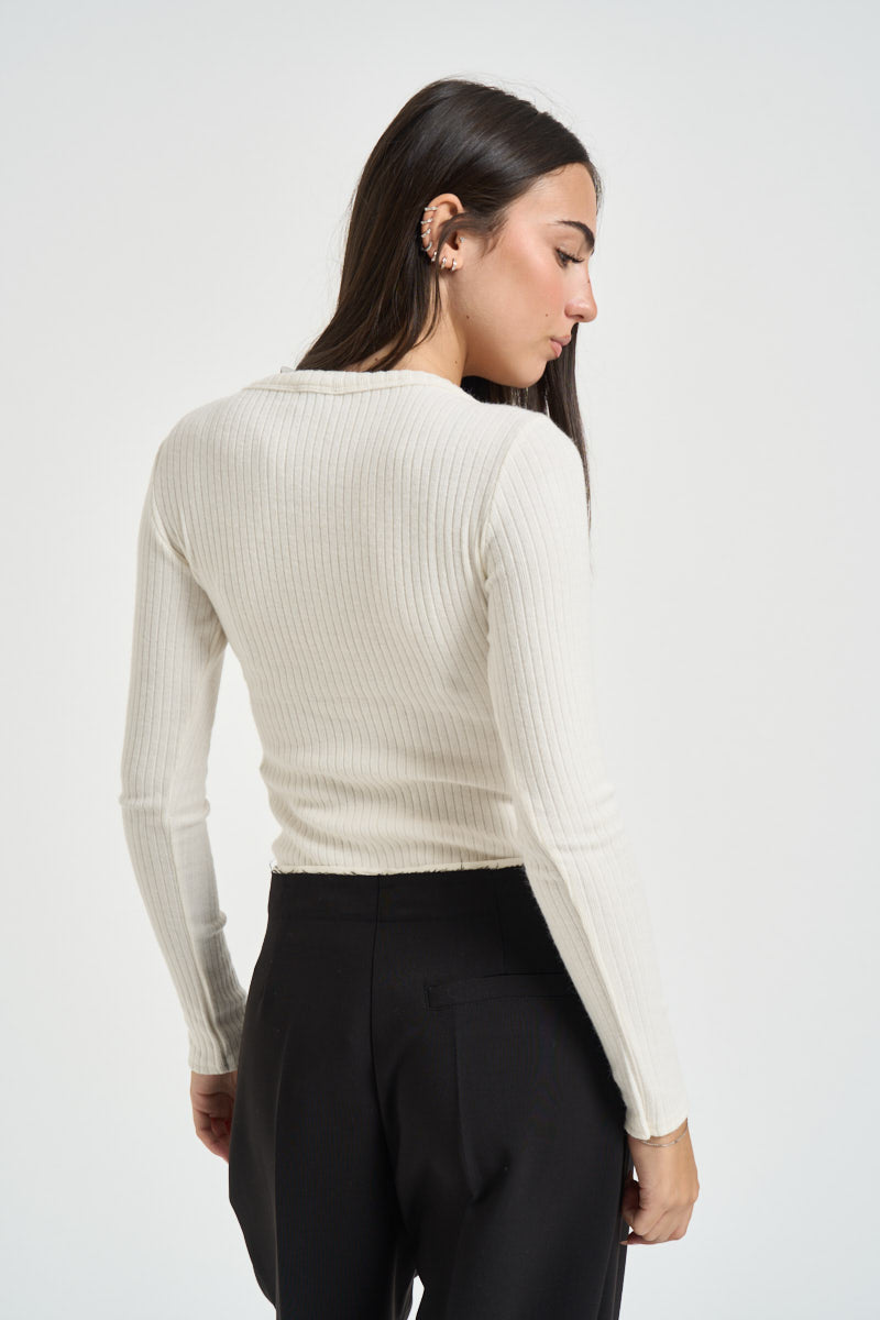 Maglia donna a costine panna B05289 LATTE SUSY MIX 