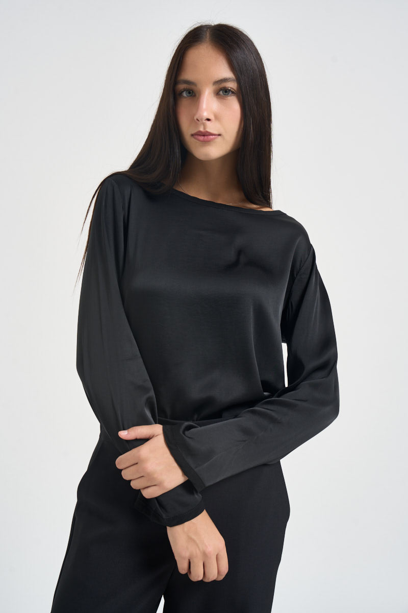 Blusa donna satinata manica lunga nera E651BU NERO SUSY MIX 