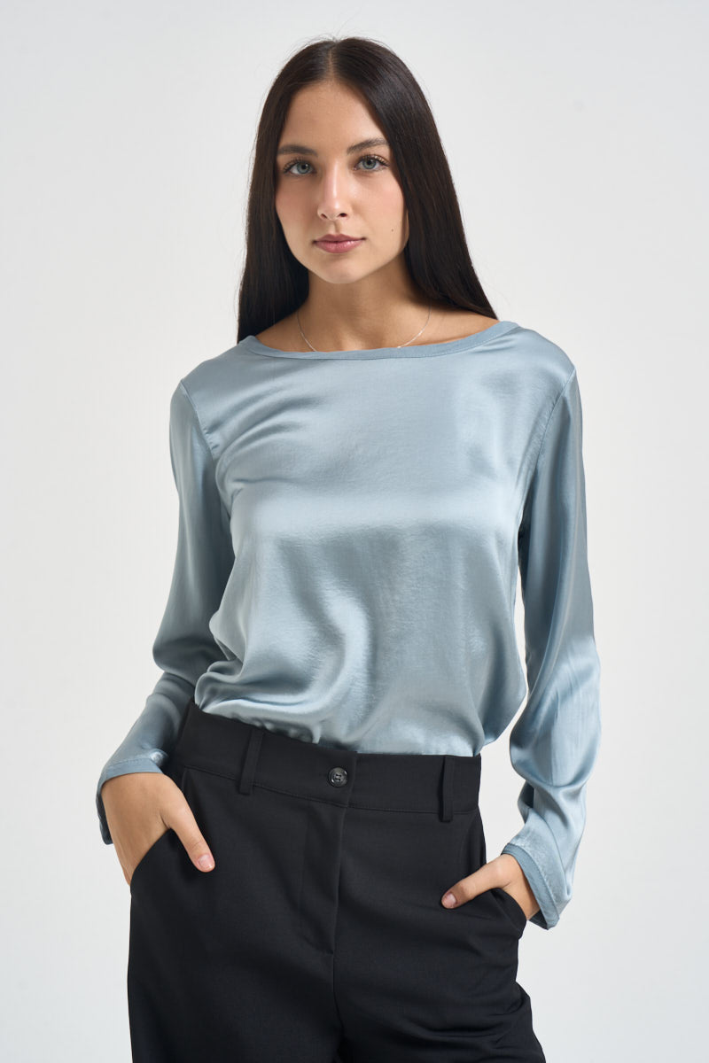 Blusa donna satinata manica lunga celeste E651BU WINTER SUSY MIX 