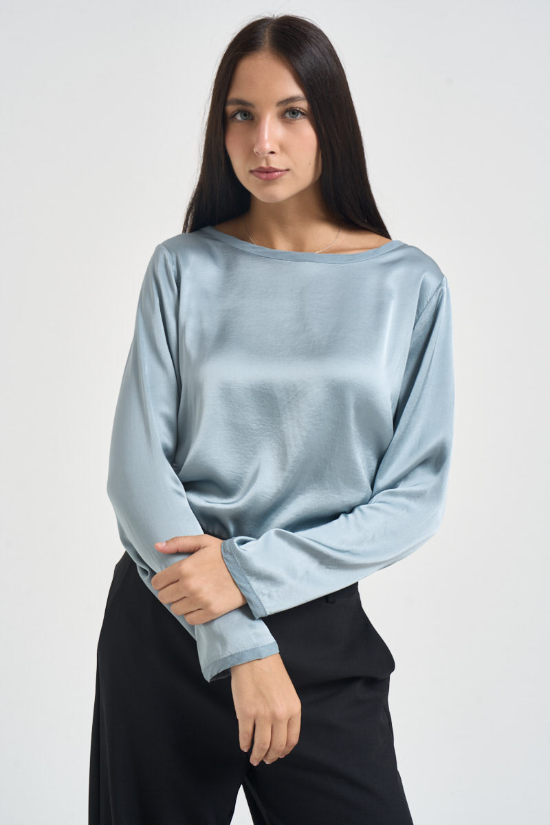 Blusa donna satinata manica lunga celeste E651BU WINTER SUSY MIX 