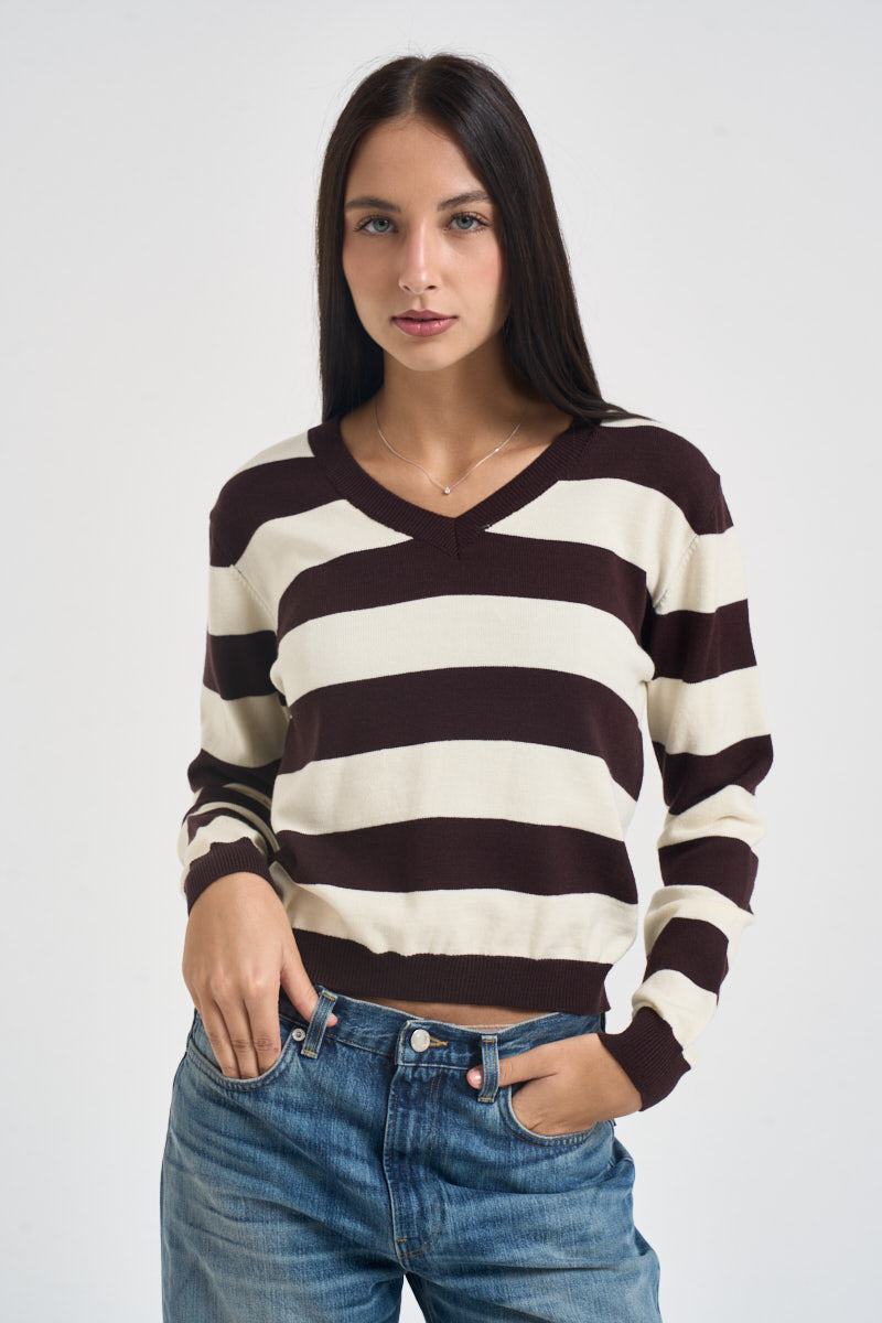 Maglia donna a righe marrone e panna M200 MORO SUSY MIX 