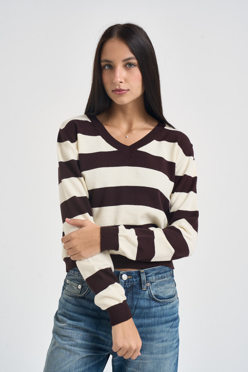 Maglia donna a righe marrone e panna M200 MORO SUSY MIX 