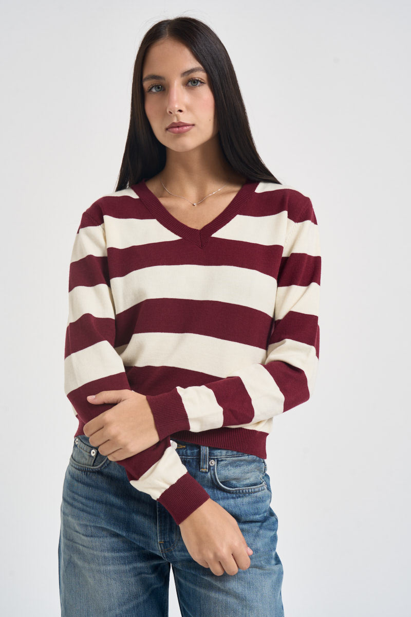 Maglia donna a righe bordeaux e panna M200 VINO SUSY MIX 