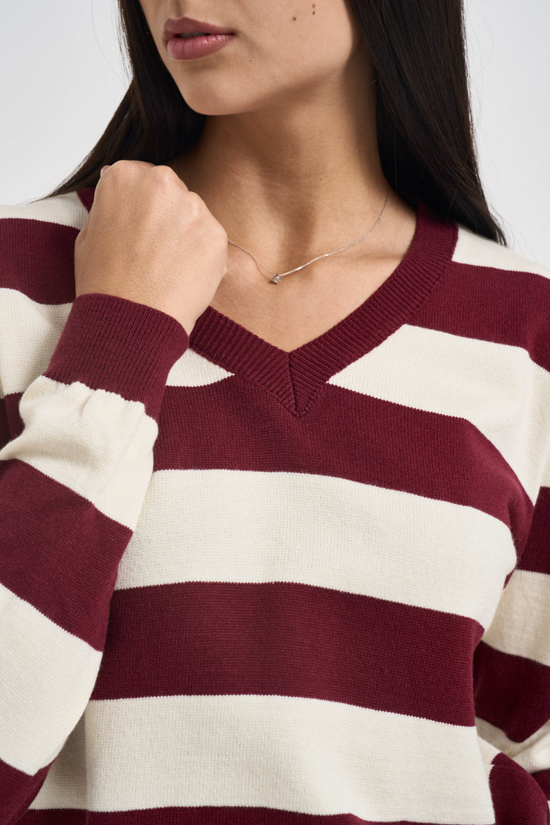 Maglia donna a righe bordeaux e panna M200 VINO SUSY MIX 