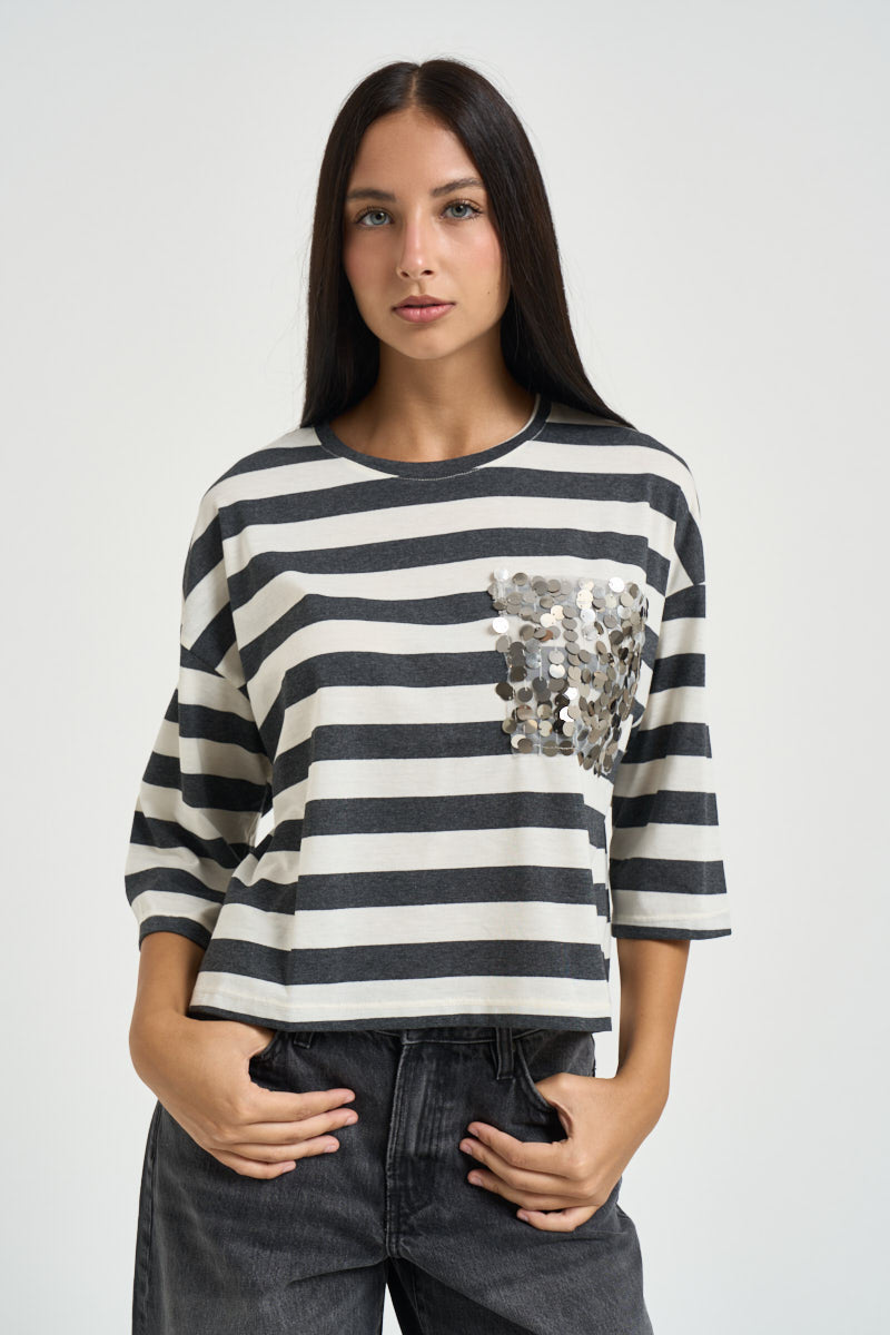 T-shirt donna a righe panna e grigio antracite SH004398 GRIGIO SUSY MIX 