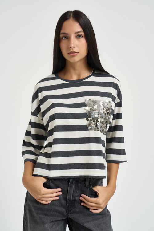 T-shirt donna a righe panna e grigio antracite - 1