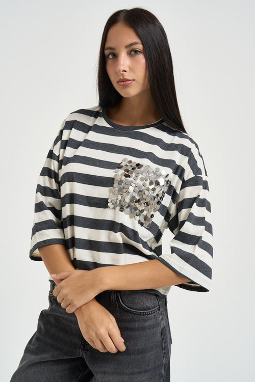 T-shirt donna a righe panna e grigio antracite - 2