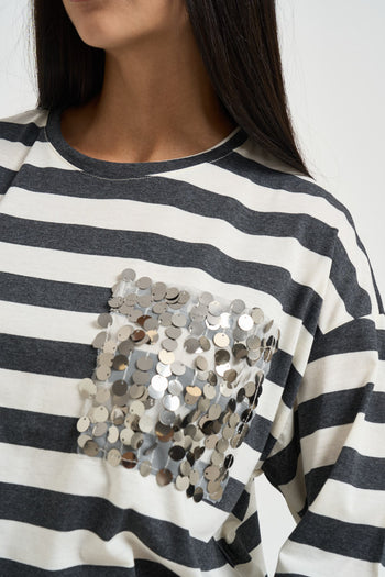T-shirt donna a righe panna e grigio antracite - 3