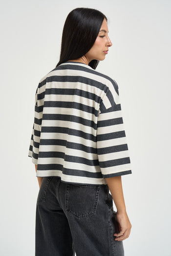 T-shirt donna a righe panna e grigio antracite - 4