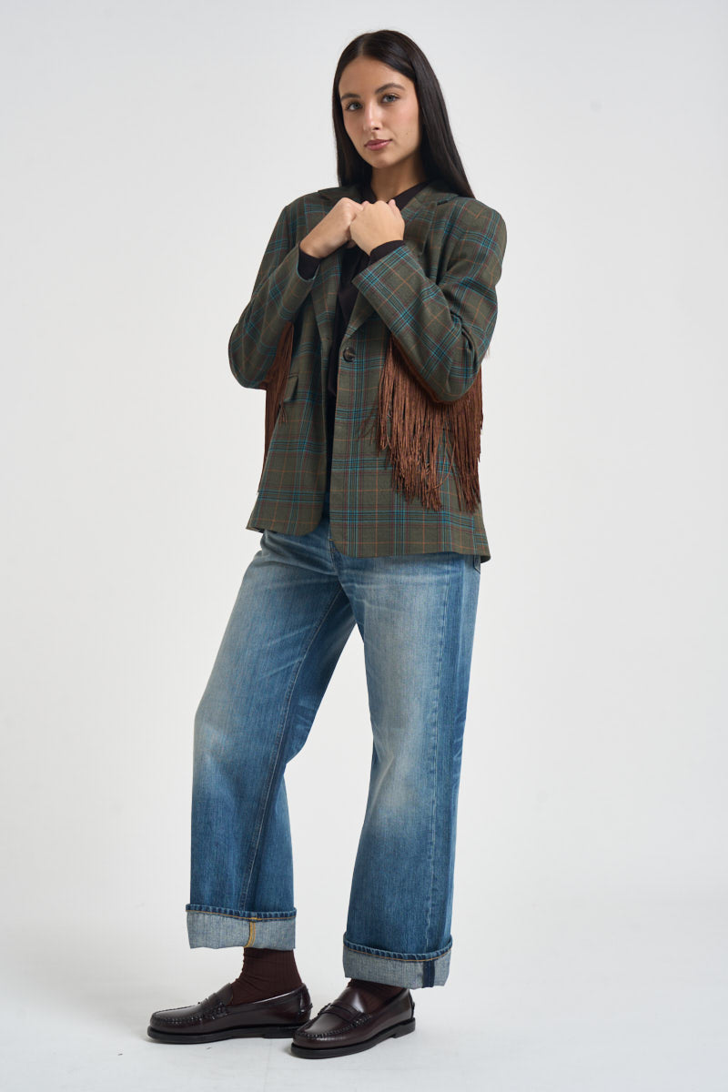 Blazer donnacon frange a quadri multicolor 27B6247 VERDE MORO TENSIONE IN 