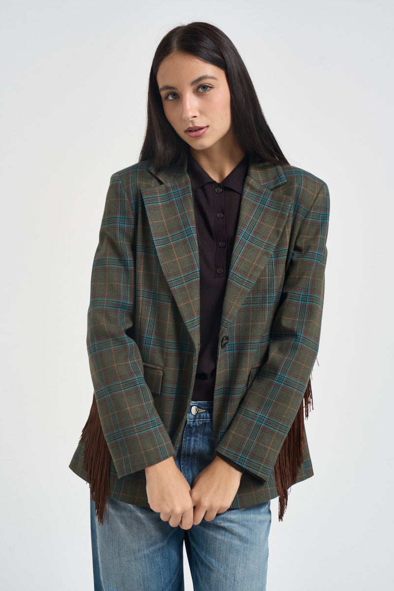 Blazer donnacon frange a quadri multicolor 27B6247 VERDE MORO TENSIONE IN 