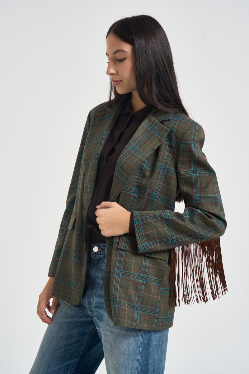Blazer donnacon frange a quadri multicolor 27B6247 VERDE MORO TENSIONE IN 