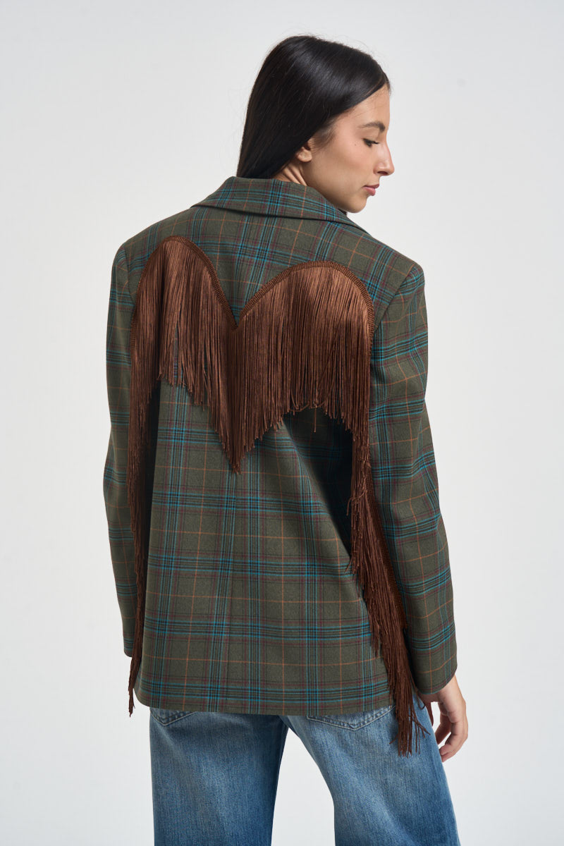 Blazer donnacon frange a quadri multicolor 27B6247 VERDE MORO TENSIONE IN 