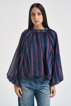 Blusa donna a righe verticali blu navy e bordeaux 27C6244 BLU BEIGE TENSIONE IN 