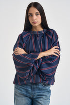 Blusa donna a righe verticali blu navy e bordeaux 27C6244 BLU BEIGE TENSIONE IN 