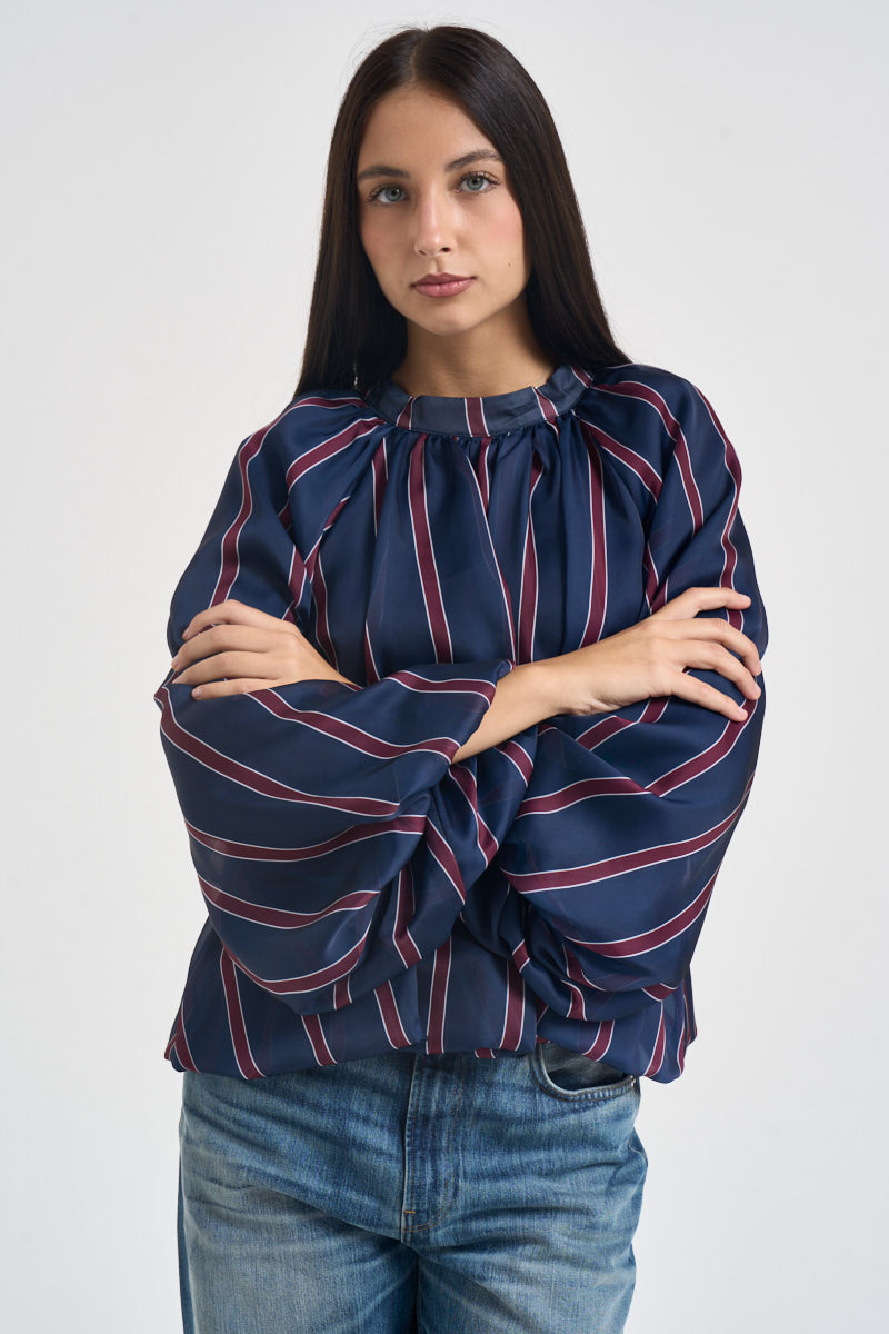Blusa donna a righe verticali blu navy e bordeaux 27C6244 BLU BEIGE TENSIONE IN 