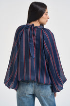 Blusa donna a righe verticali blu navy e bordeaux 27C6244 BLU BEIGE TENSIONE IN 