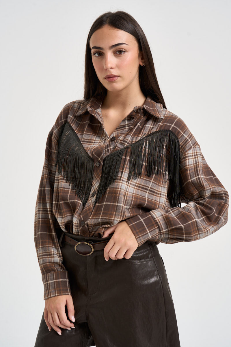 Camicia donna a quadri con frange multicolor 27C6506 MORO MORO TENSIONE IN 
