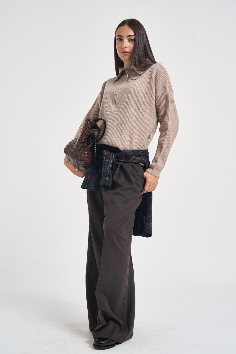 Maglia donna con inserto a V beige WL7370 BEIGE TENSIONE IN 
