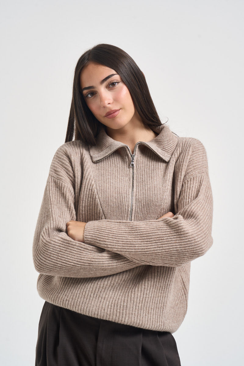 Maglia donna con inserto a V beige WL7370 BEIGE TENSIONE IN 