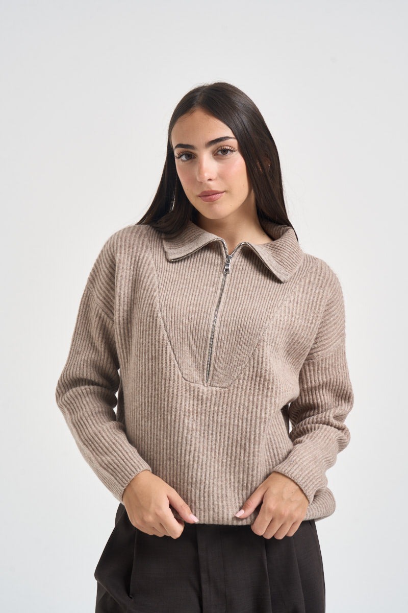 Maglia donna con inserto a V beige WL7370 BEIGE TENSIONE IN 