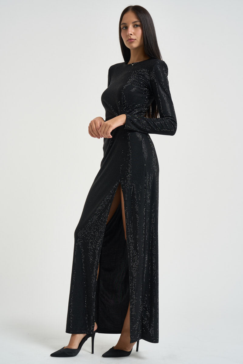 Abito lungo donna con strass nero ZINA NERO TWENTY FOURHAITCH 