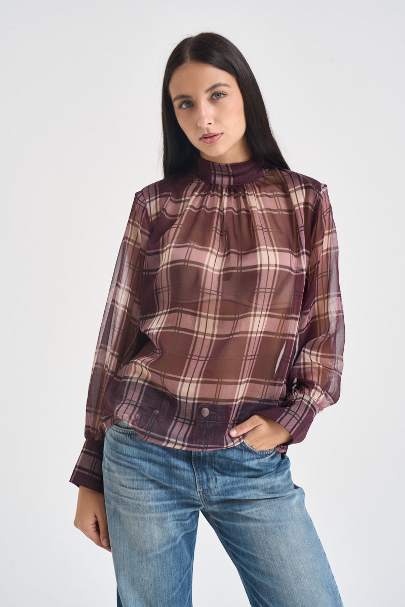 Blusa donna semitrasparente a quadri viola W1077 BURGUNDY TWO WAY 