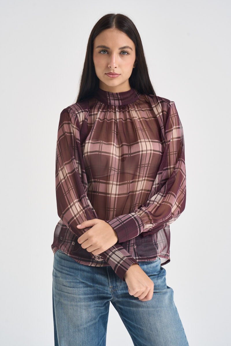 Blusa donna semitrasparente a quadri viola W1077 BURGUNDY TWO WAY 
