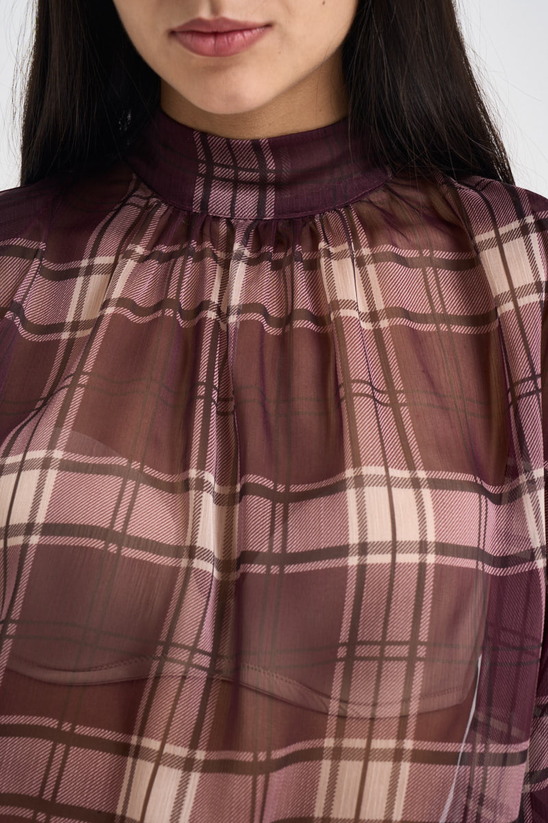 Blusa donna semitrasparente a quadri viola W1077 BURGUNDY TWO WAY 