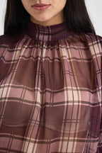 Blusa donna semitrasparente a quadri viola W1077 BURGUNDY TWO WAY 