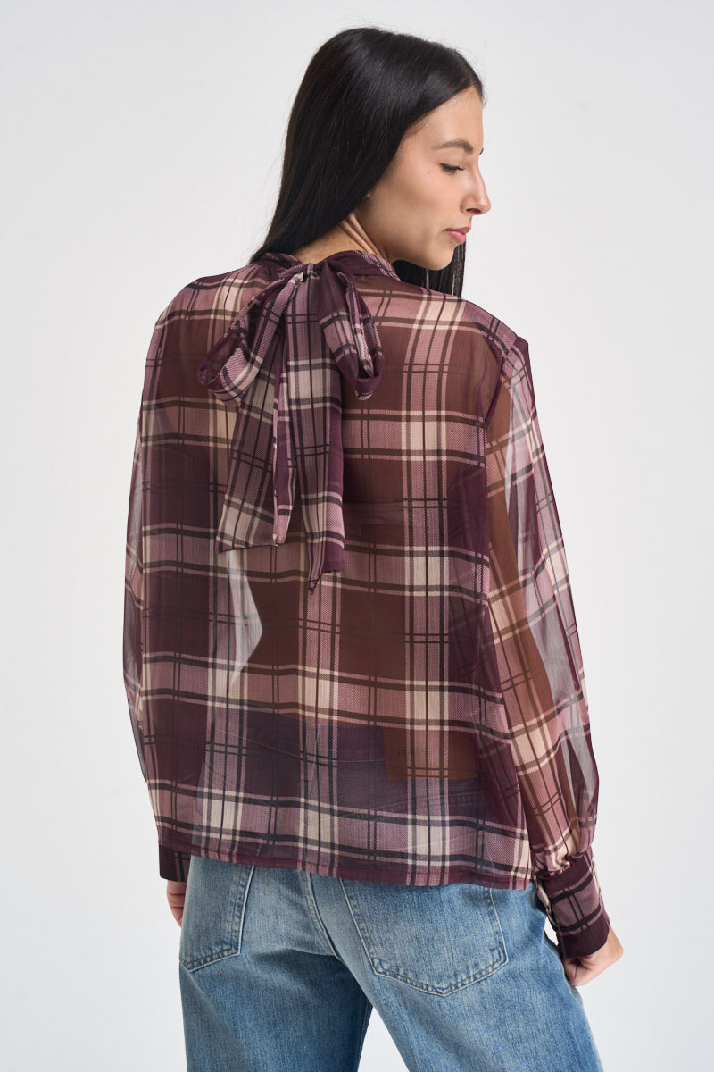 Blusa donna semitrasparente a quadri viola W1077 BURGUNDY TWO WAY 