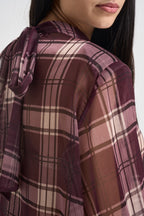 Blusa donna semitrasparente a quadri viola W1077 BURGUNDY TWO WAY 