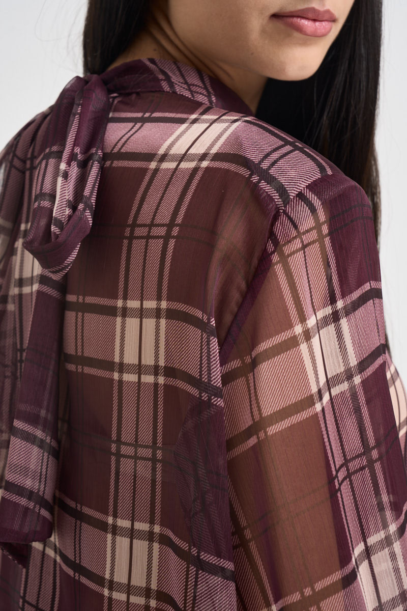 Blusa donna semitrasparente a quadri viola W1077 BURGUNDY TWO WAY 